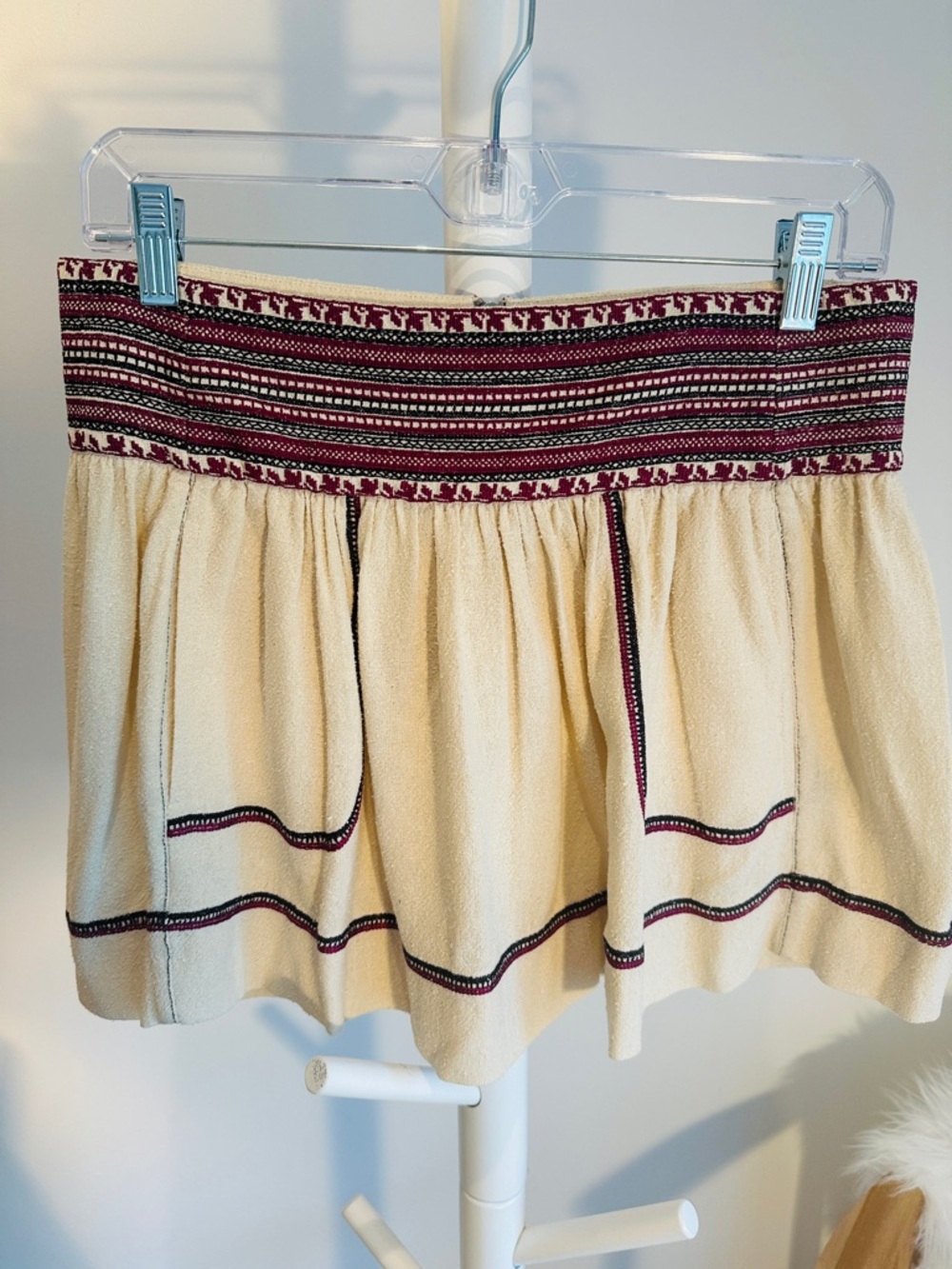 Isabel Marant Cream Mini Skirt 100% Raw Silk with Embroidered Maroon Waistband